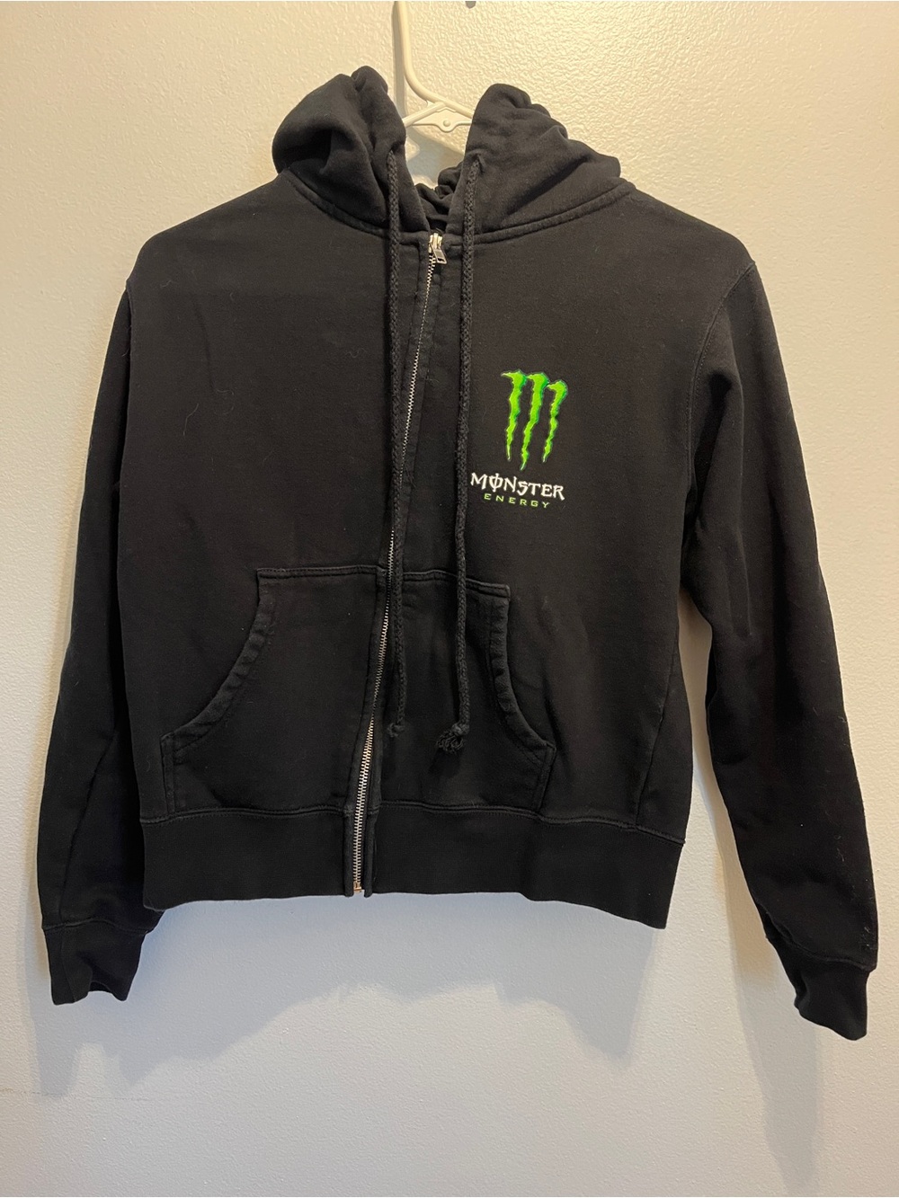 Monster Energy Black Zip-Up Hoodie with Green Logo Small Y2K MotorSports
